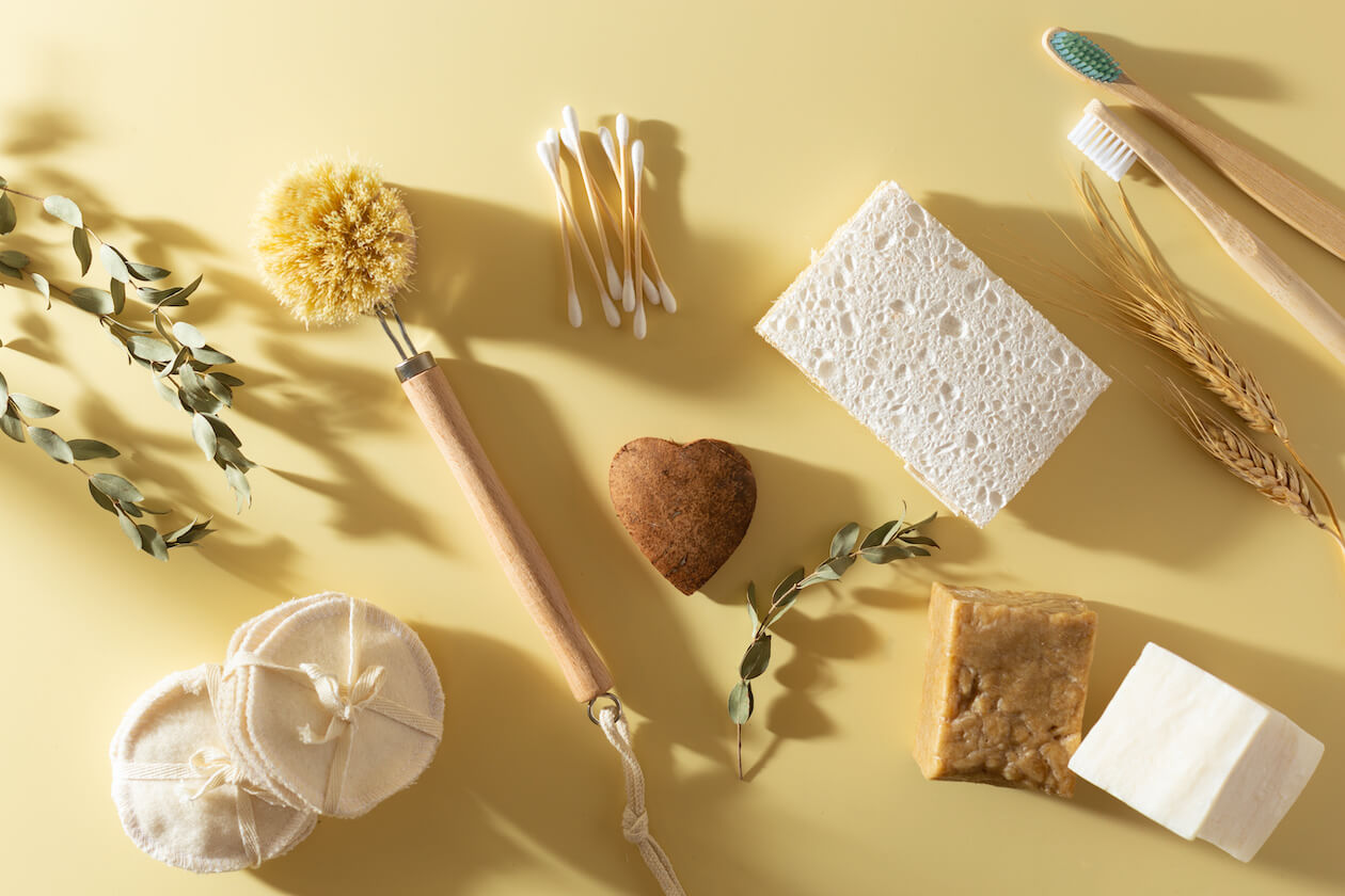 Ethical products such as solid soap, reusable cotton rounds