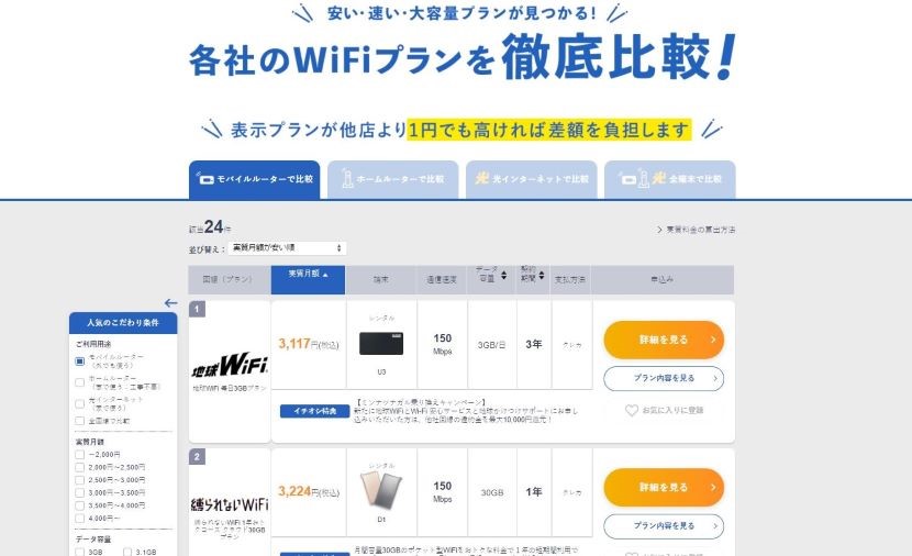 ワイファイストアのプラン比較ページ