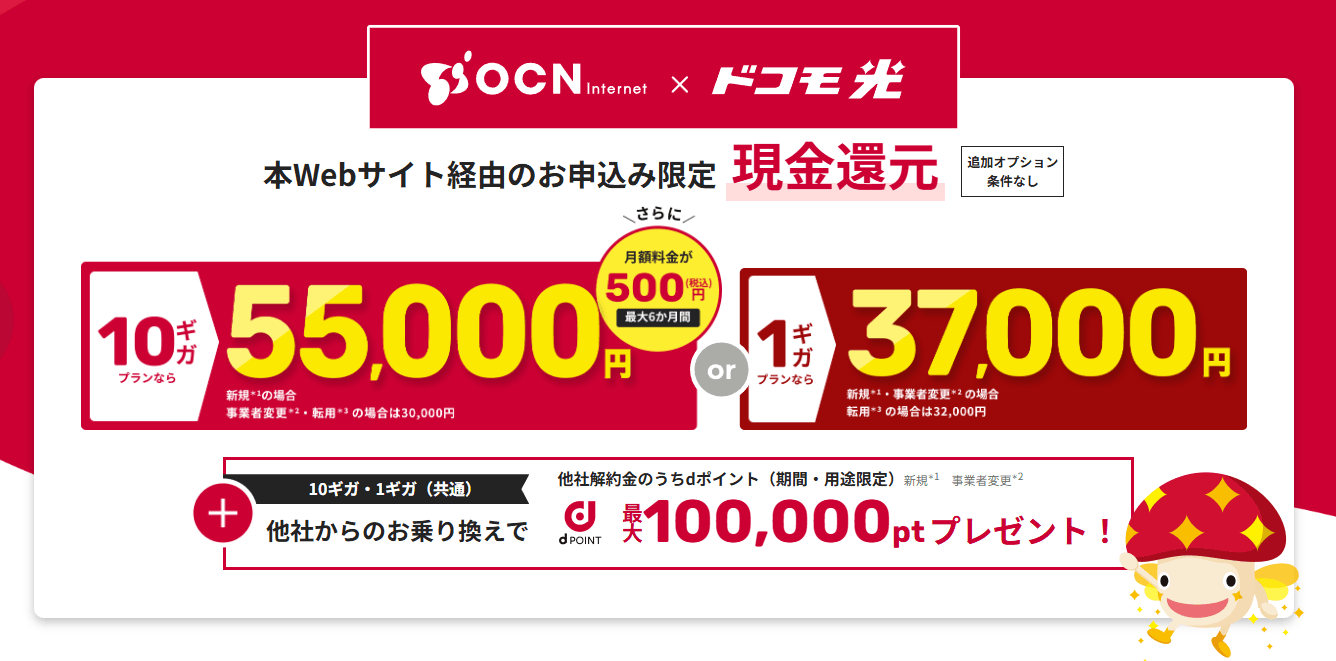 ドコモ光のプロバイダ　OCNインターネットのキャッシュバックキャンペーン