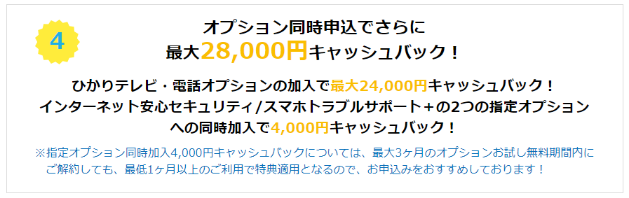 オプション同時申し込みで最大28,000円キャッシュバック