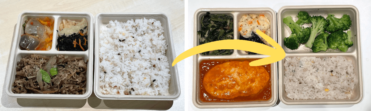 ご飯を注文できて半分ブロッコリーにも変更可能