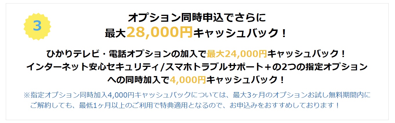 オプション同時申し込みで最大28,000円キャッシュバック