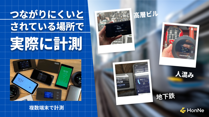 ポケット型WiFi・モバイルWiFiの実測値を実際に計測している様子