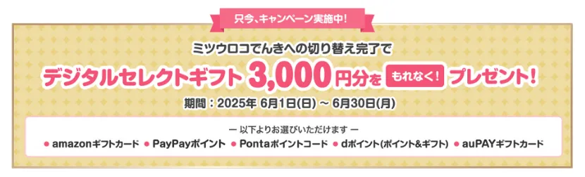 ミツウロコでんき2025年6月のキャンペーン