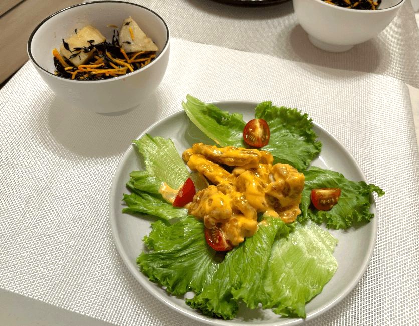 チキンのマヨソースセット(さつま芋ひじき)完成