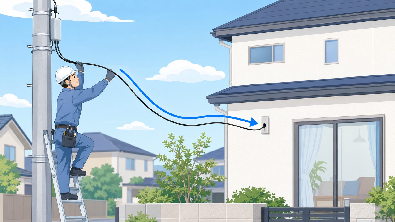 電柱から光ファイバーを引き込む