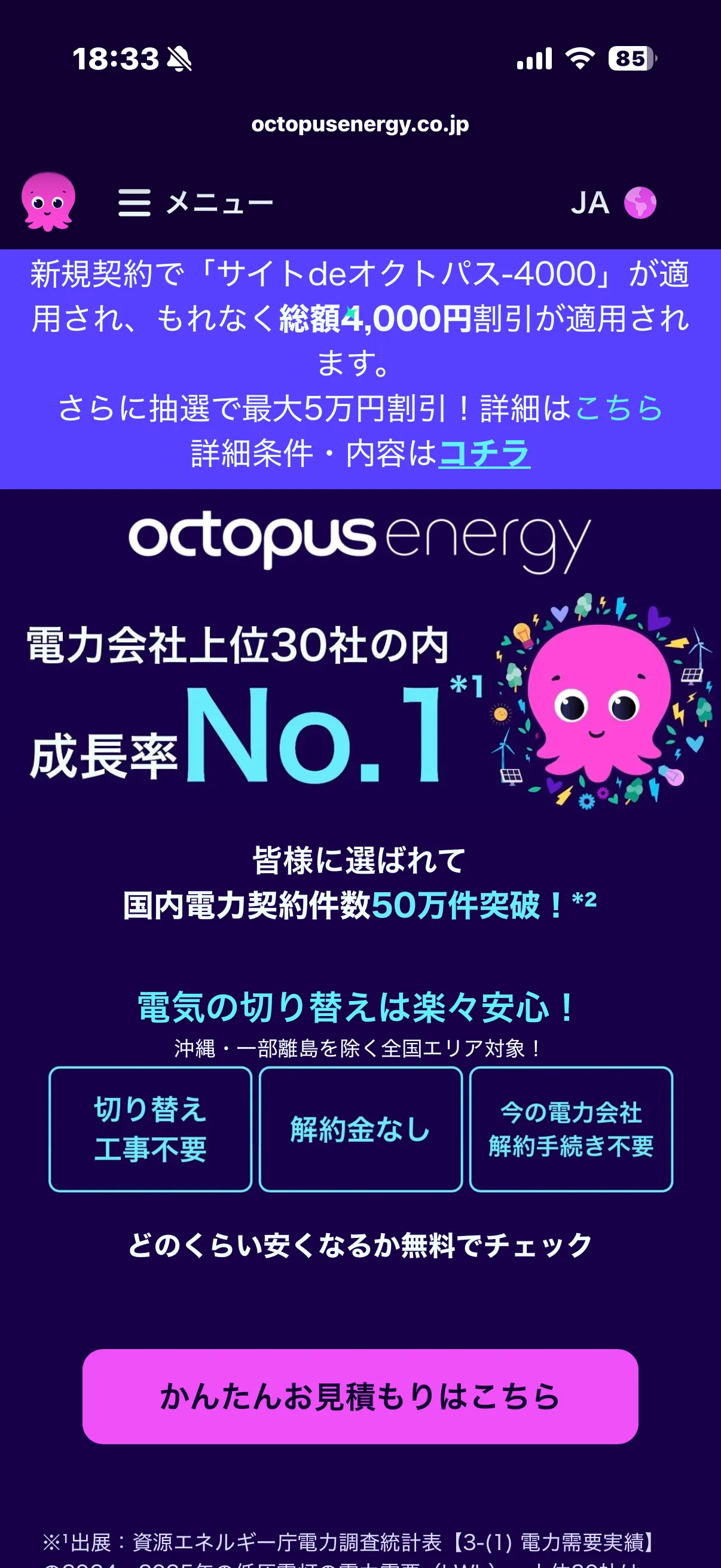 オクトパスエナジーの申し込み画面