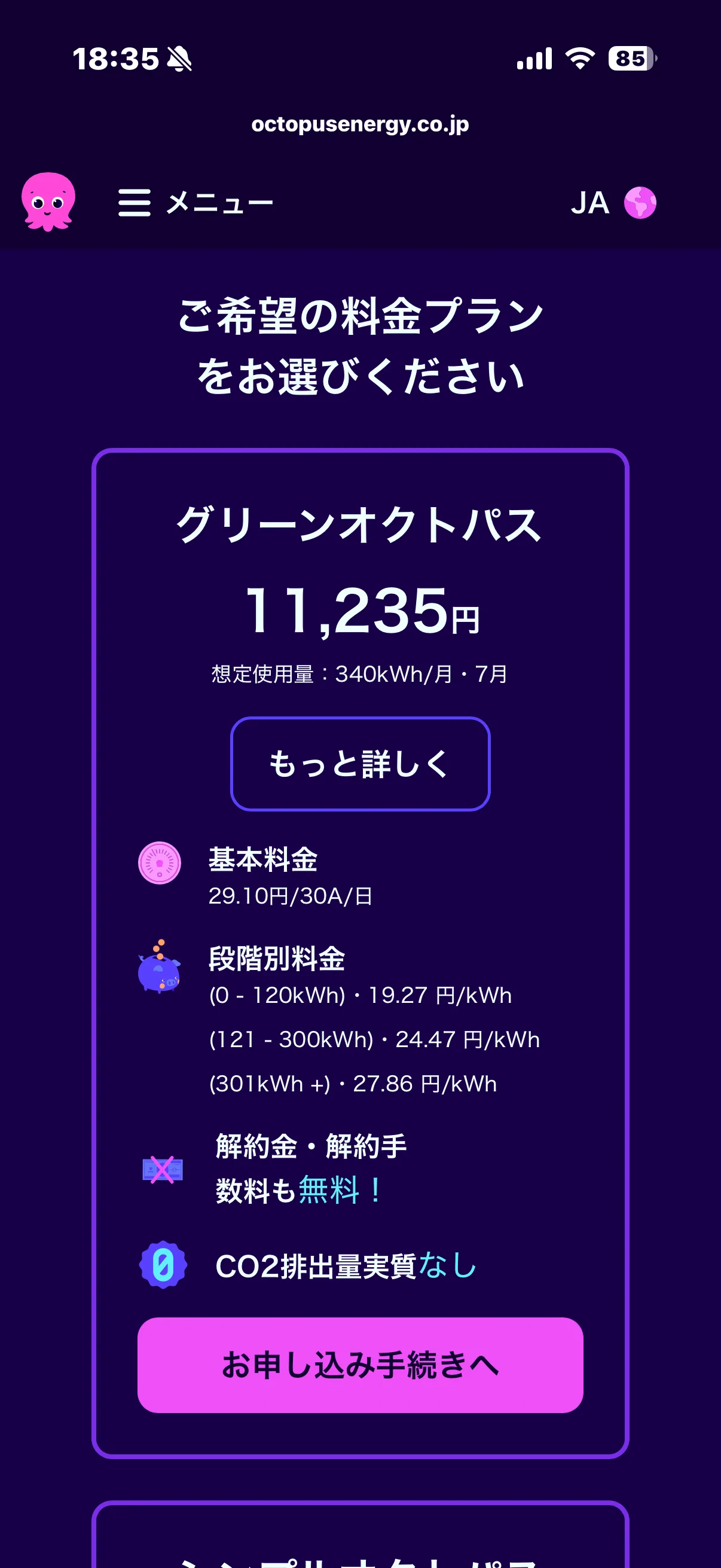 オクトパスエナジーの見積もり結果