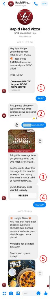 「Rapid Fired Pizza」のFacebookメッセンジャーボットの事例