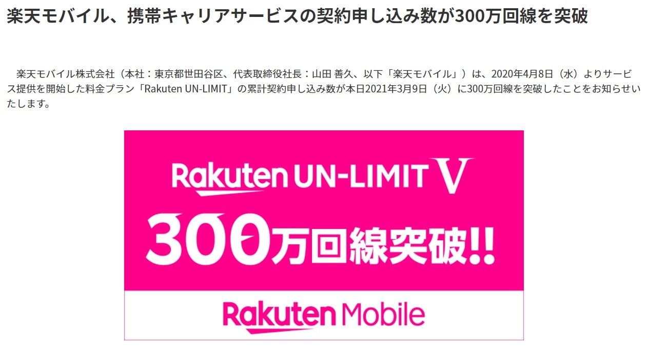 楽天モバイルのポケットWiFi契約者数